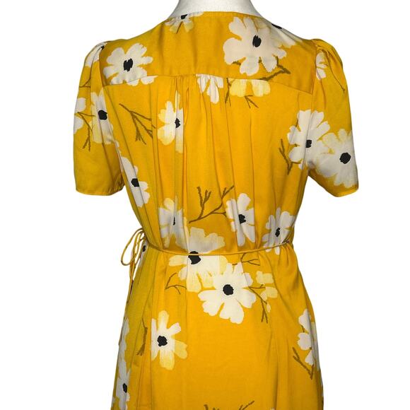 Madewell Wrap Dress Yellow Ikat Floral Puff Sleeves Midi Length Size Small - Picture 5 of 11